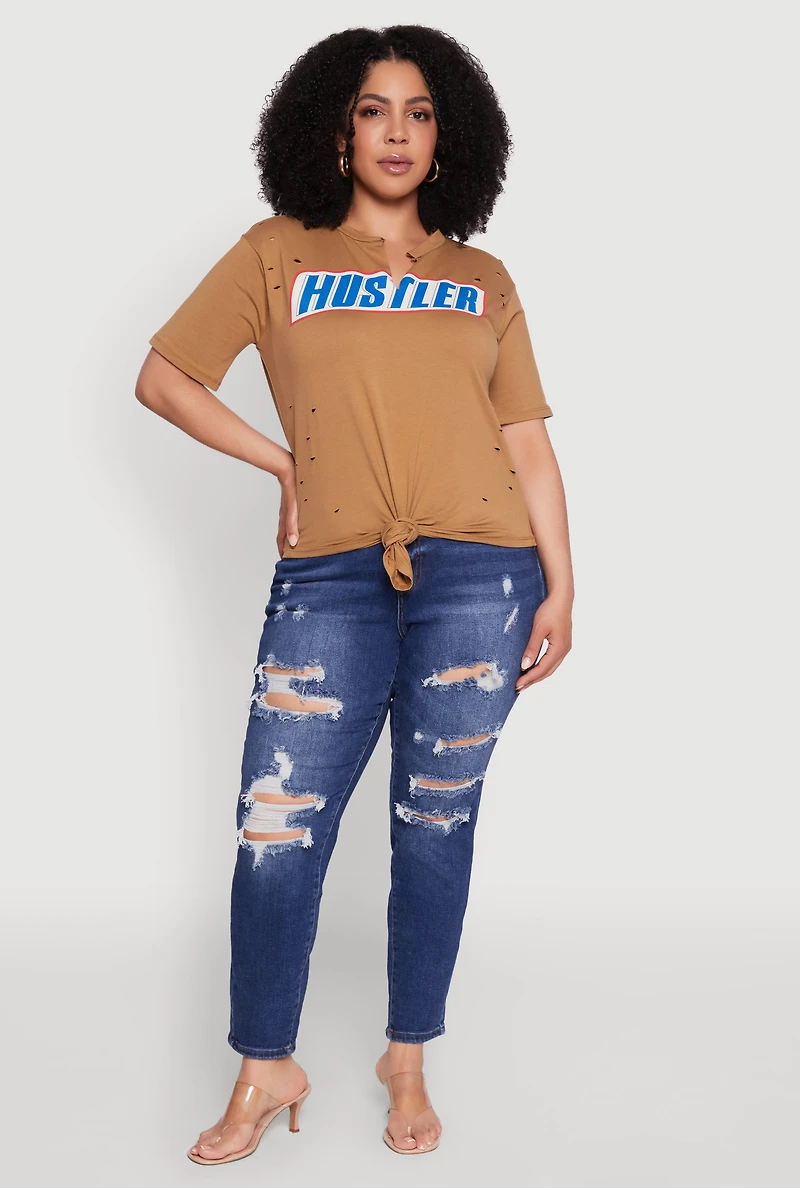 Womens Plus Size Hustler Graphic Short Sleeve Knot Front Tee, Brown, Size 3X
