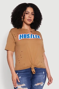 Womens Plus Size Hustler Graphic Short Sleeve Knot Front Tee, Brown, Size 3X