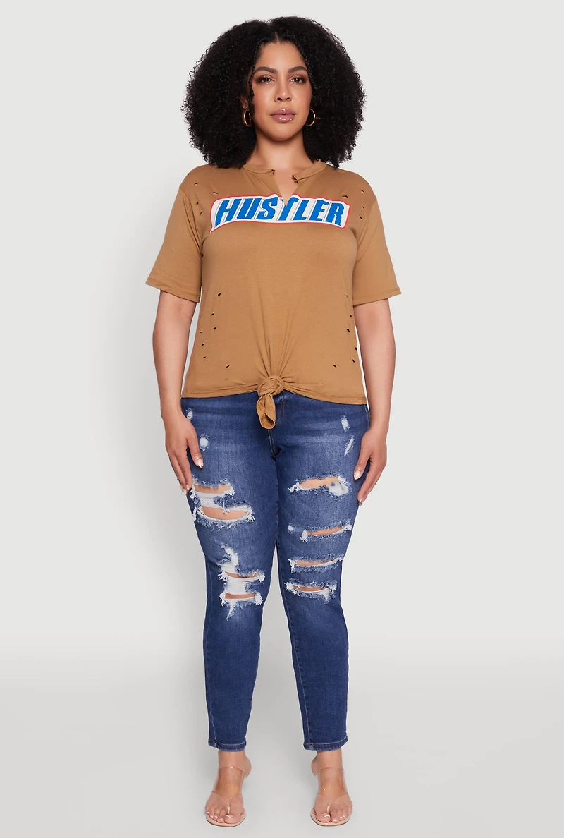 Womens Plus Size Hustler Graphic Short Sleeve Knot Front Tee, Brown, Size 3X