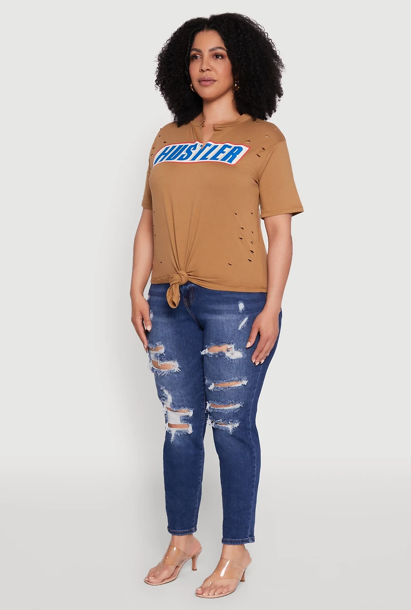 Womens Plus Size Hustler Graphic Short Sleeve Knot Front Tee, Brown, Size 3X
