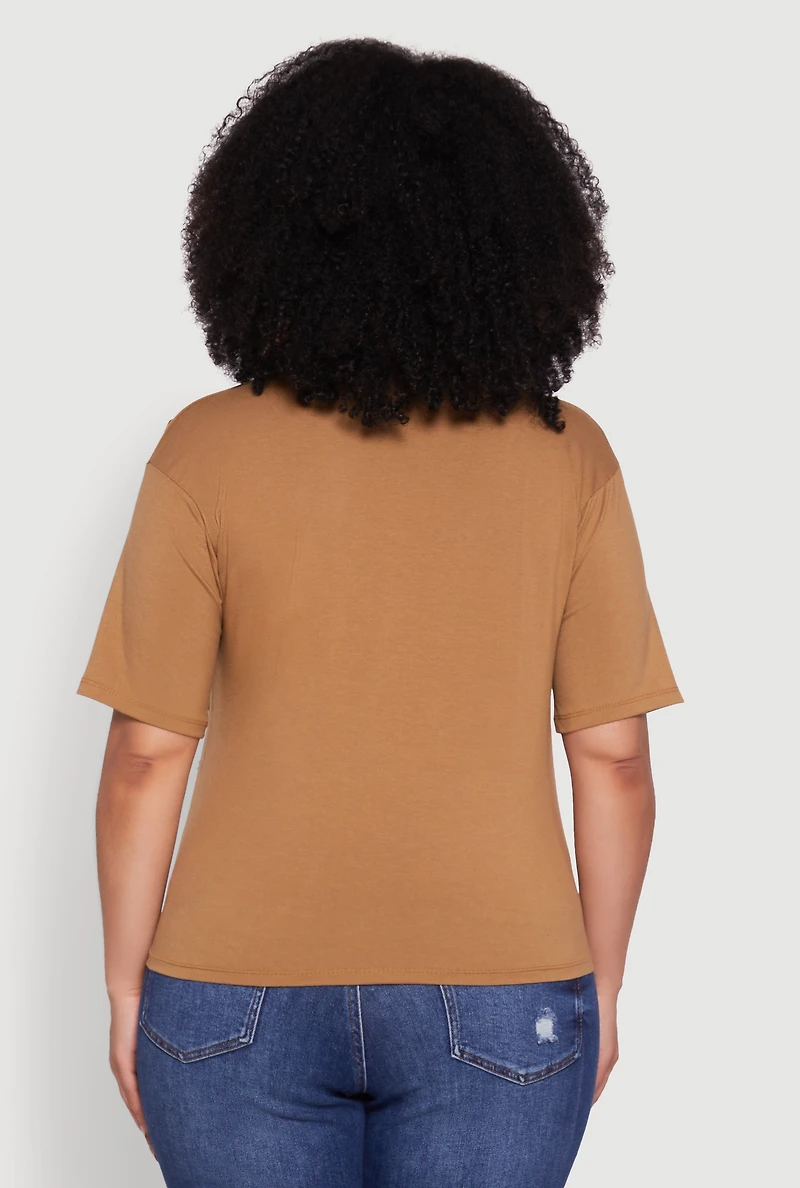 Womens Plus Size Hustler Graphic Short Sleeve Knot Front Tee, Brown, Size 3X