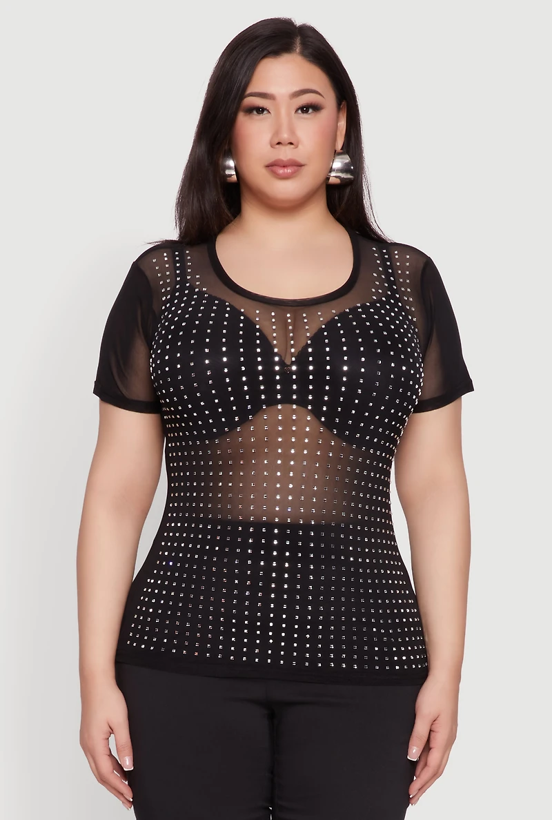 Womens Plus Size Mesh Rhinestone Studded T Shirt, Black, Size 2X