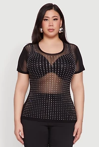 Womens Plus Size Mesh Rhinestone Studded T Shirt, Black, Size 2X