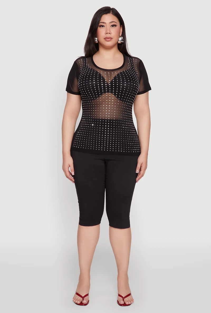 Womens Plus Size Mesh Rhinestone Studded T Shirt, Black, Size 3X