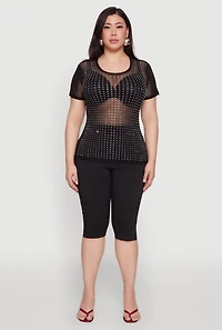 Womens Plus Size Mesh Rhinestone Studded T Shirt, Black, Size 3X
