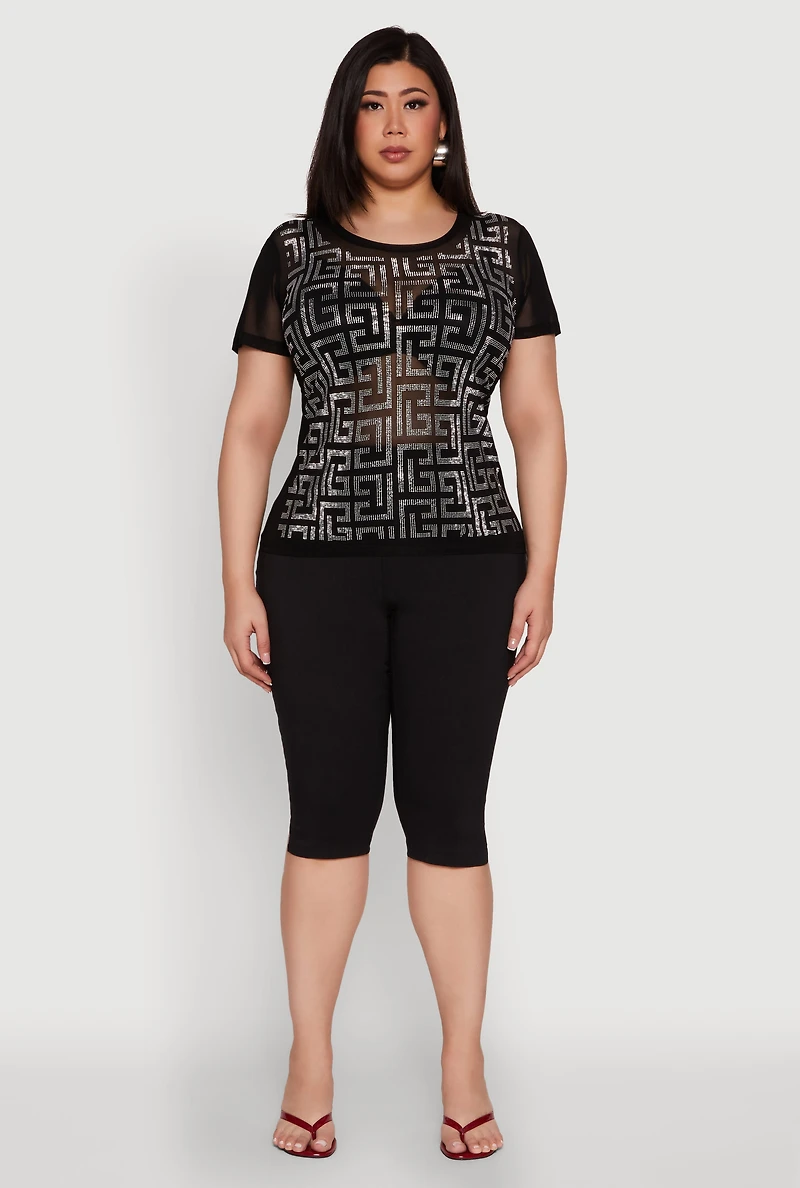 Womens Plus Mesh Rhinestone Greek Key Top,
