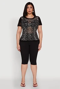 Womens Plus Mesh Rhinestone Greek Key Top,