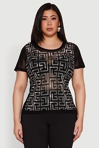 Womens Plus Mesh Rhinestone Greek Key Top,