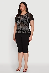 Womens Plus Mesh Rhinestone Greek Key Top,