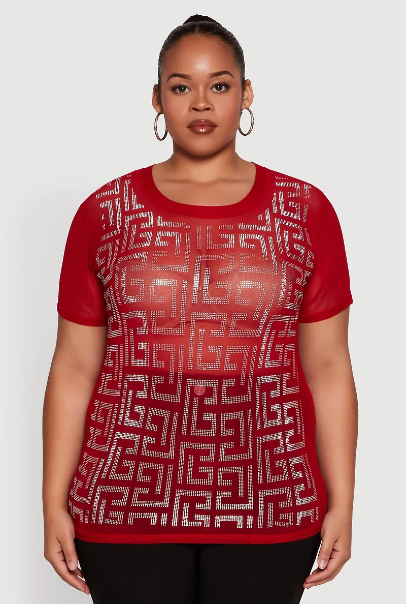 Womens Plus Size Mesh Rhinestone Greek Key Top, Red, Size 2X