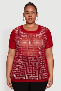 Womens Plus Size Mesh Rhinestone Greek Key Top, Red, Size 1X