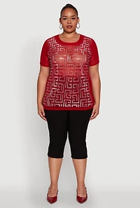 Womens Plus Size Mesh Rhinestone Greek Key Top, Red, Size 2X