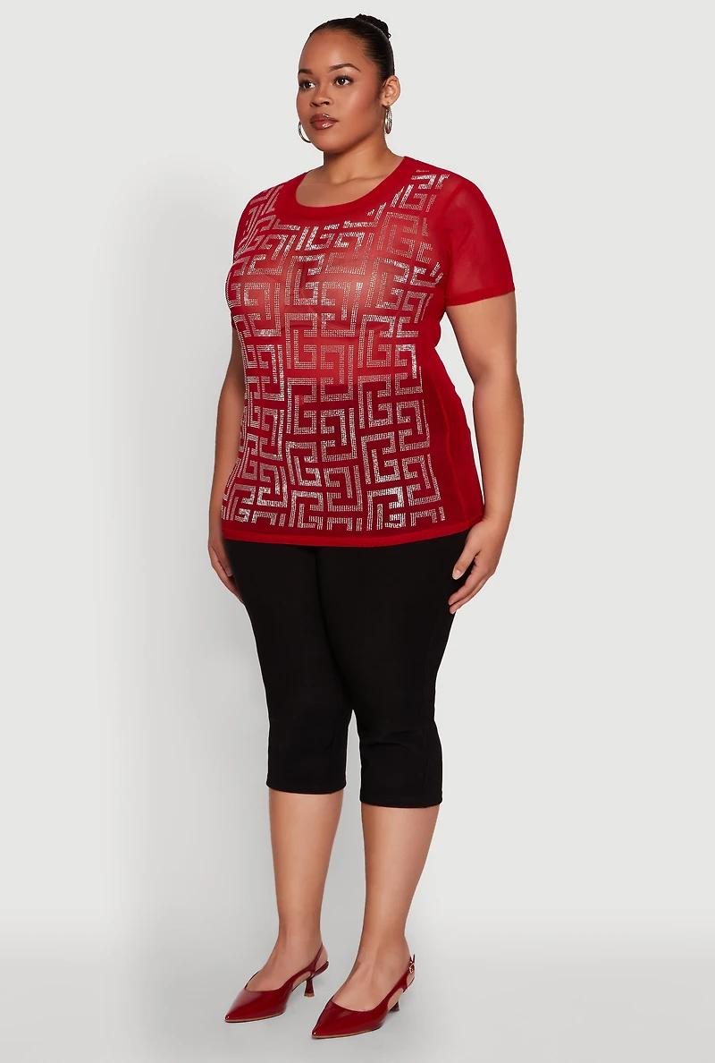 Womens Plus Size Mesh Rhinestone Greek Key Top, Red, Size 1X