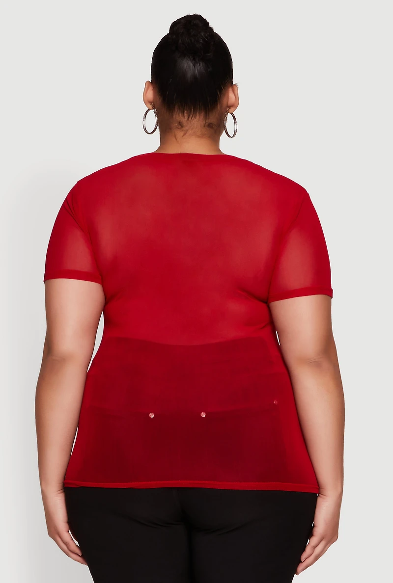Womens Plus Size Mesh Rhinestone Greek Key Top, Red, Size 2X