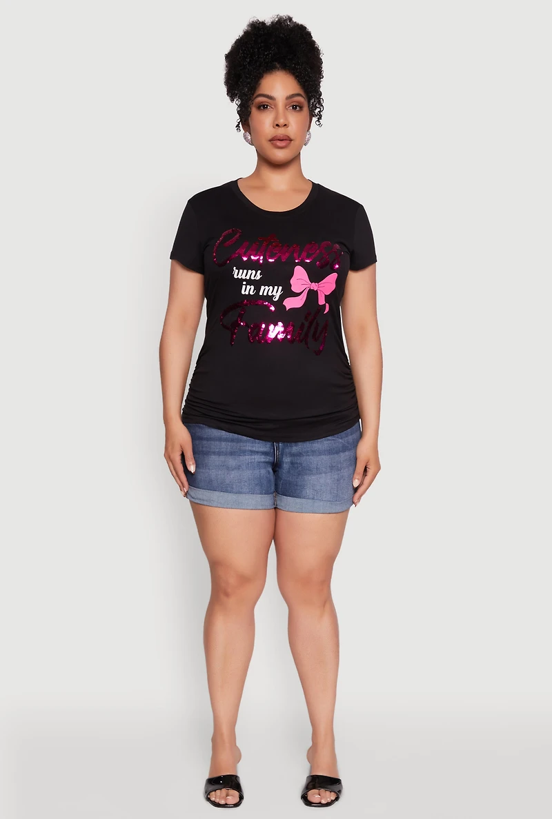 Womens Plus Size Ruched Cuteness Runs In My Family Graphic Tee, Black, Size 2X