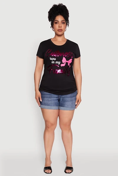 Womens Plus Size Ruched Cuteness Runs In My Family Graphic Tee, Black, Size 2X