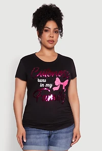 Womens Plus Size Ruched Cuteness Runs In My Family Graphic Tee, Black, Size 2X