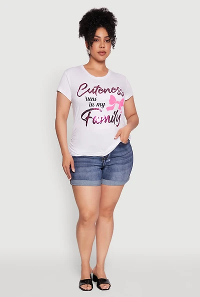 Womens Plus Size Ruched Cuteness Runs In My Family Graphic Tee, White, Size 1X