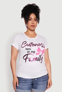 Womens Plus Ruched Cuteness Runs My Family Graphic Tee, White,