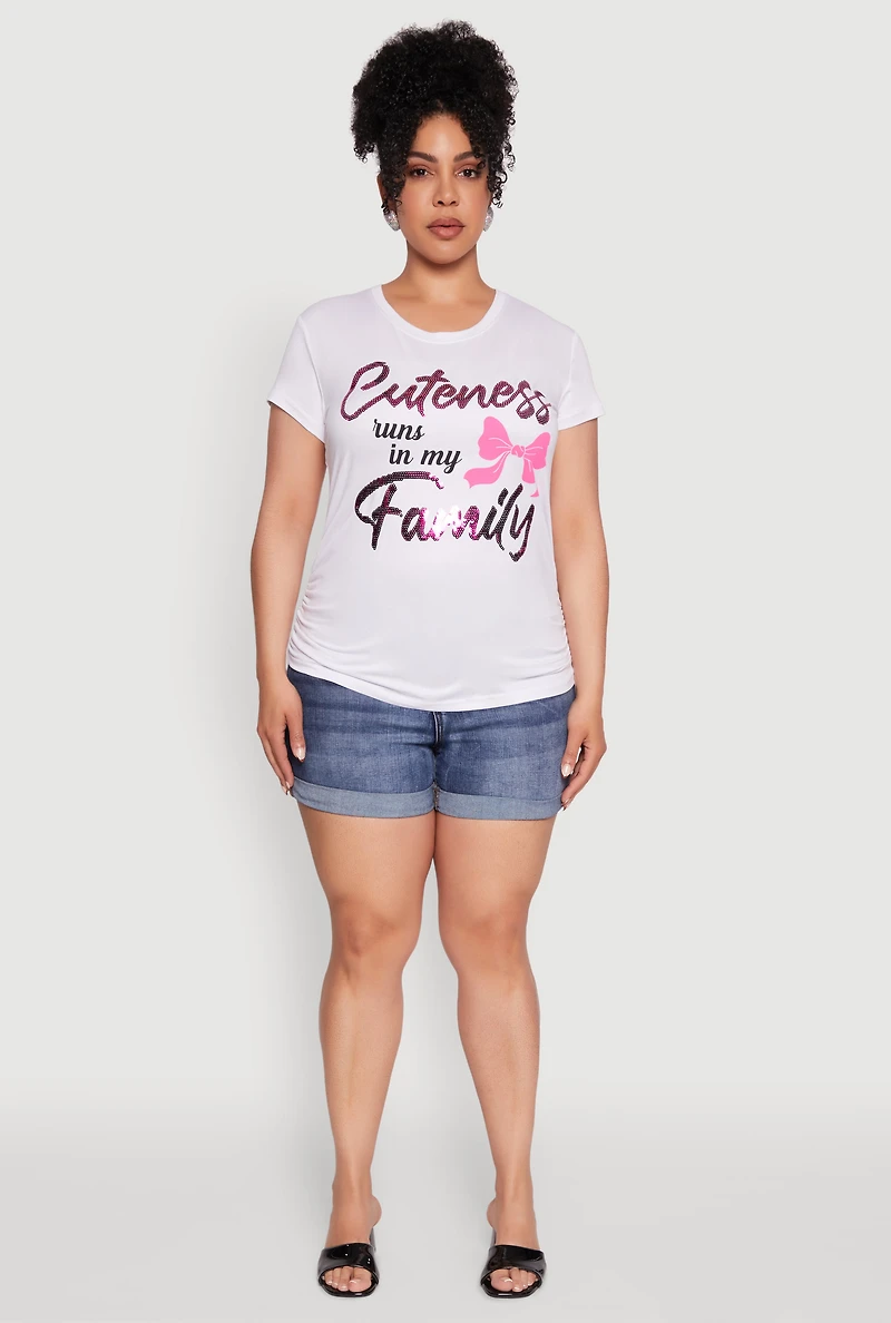 Womens Plus Ruched Cuteness Runs My Family Graphic Tee, White,