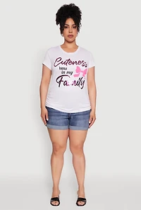 Womens Plus Ruched Cuteness Runs My Family Graphic Tee, White,