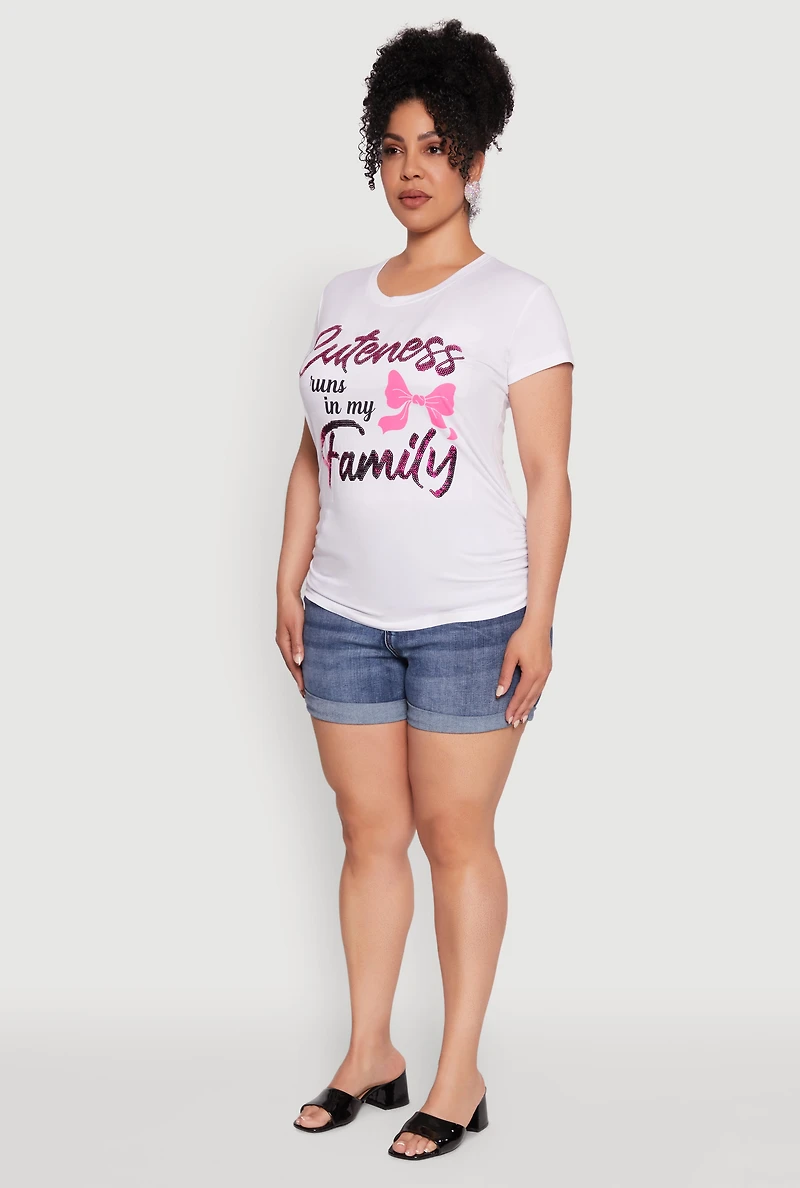 Womens Plus Ruched Cuteness Runs My Family Graphic Tee, White,