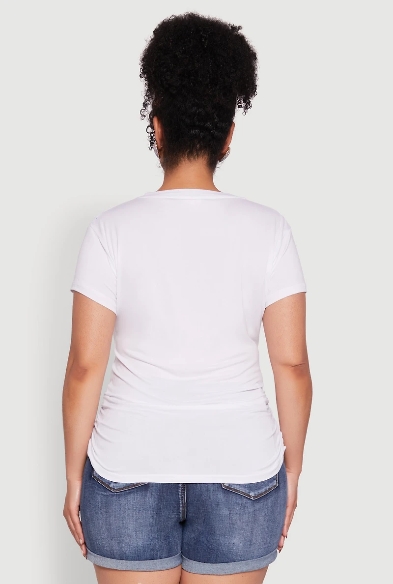 Womens Plus Ruched Cuteness Runs My Family Graphic Tee, White,