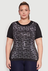 Womens Plus Size Soft Knit Greek Key Rhinestone T Shirt, Black, Size 1X