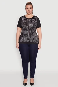 Womens Plus Size Soft Knit Greek Key Rhinestone T Shirt, Black, Size 1X