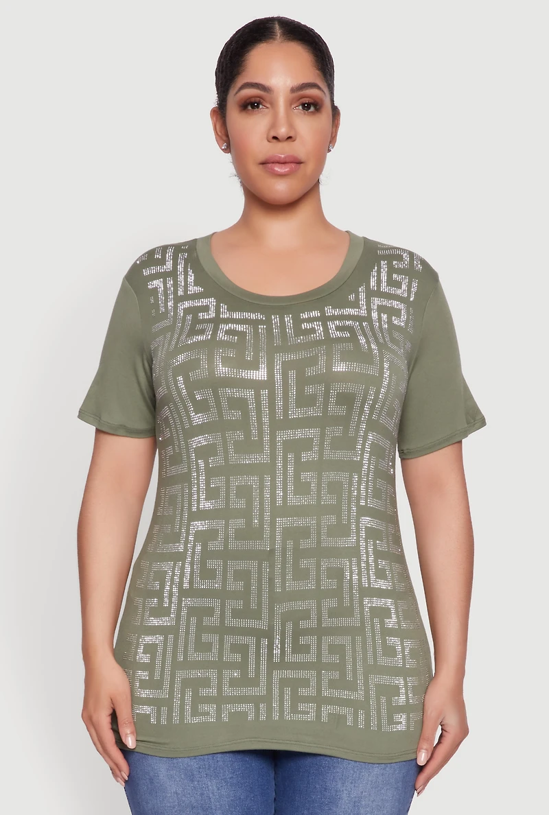 Womens Plus Size Soft Knit Greek Key Rhinestone T Shirt, Green, Size 1X