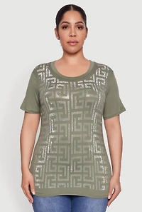 Womens Plus Size Soft Knit Greek Key Rhinestone T Shirt, Green, Size 1X