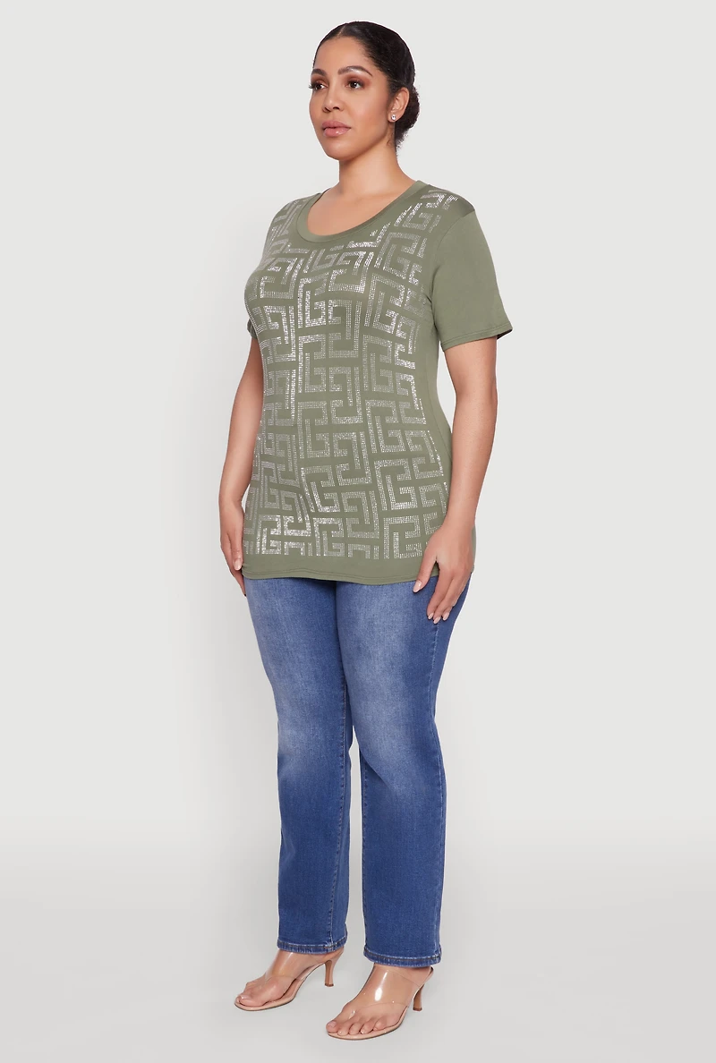 Womens Plus Size Soft Knit Greek Key Rhinestone T Shirt, Green, Size 2X