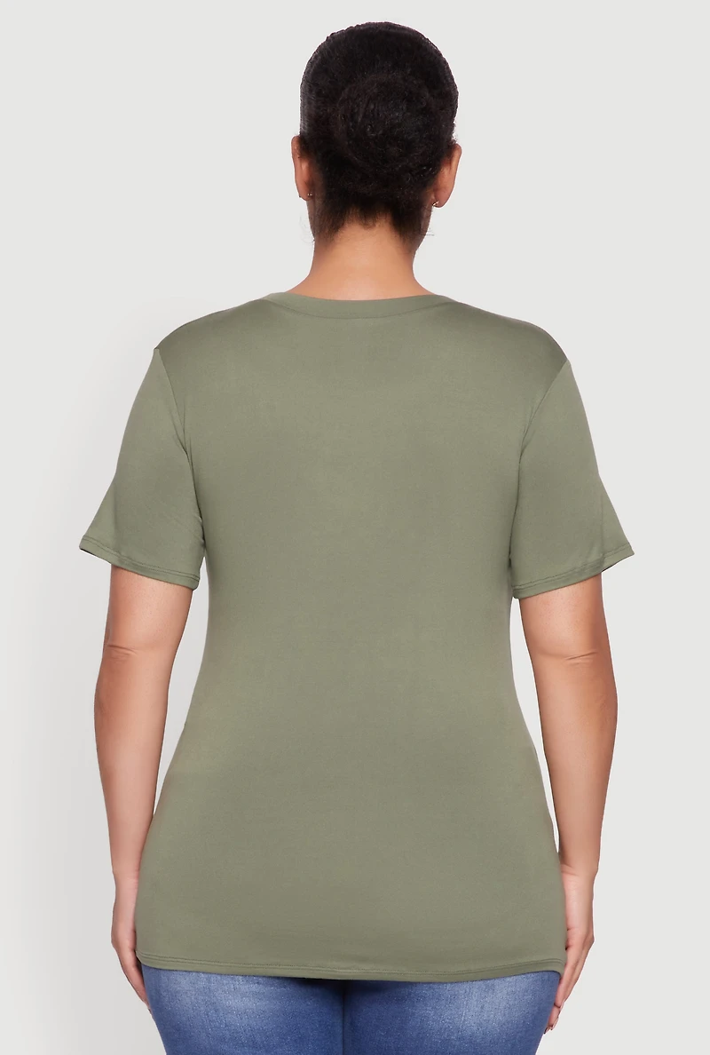 Womens Plus Size Soft Knit Greek Key Rhinestone T Shirt, Green, Size 2X