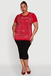 Womens Plus Size Soft Knit Greek Key Rhinestone T Shirt, Red, Size 1X
