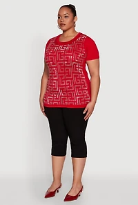 Womens Plus Size Soft Knit Greek Key Rhinestone T Shirt, Red, Size 1X