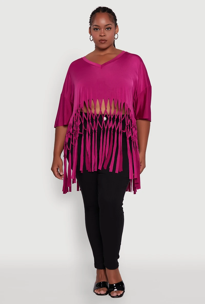 Plus Macrame Fringe Tunic Top