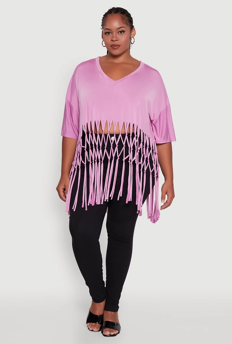 Womens Plus Size Macrame Fringe Tunic Top, Pink, Size 3X
