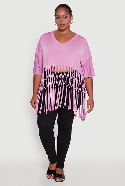 Womens Plus Size Macrame Fringe Tunic Top, Pink, Size 3X