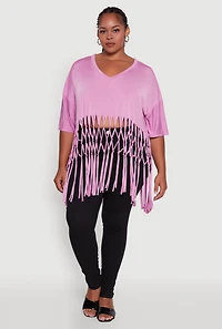 Womens Plus Size Macrame Fringe Tunic Top, Pink, Size 3X