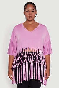 Womens Plus Size Macrame Fringe Tunic Top, Pink, Size 3X