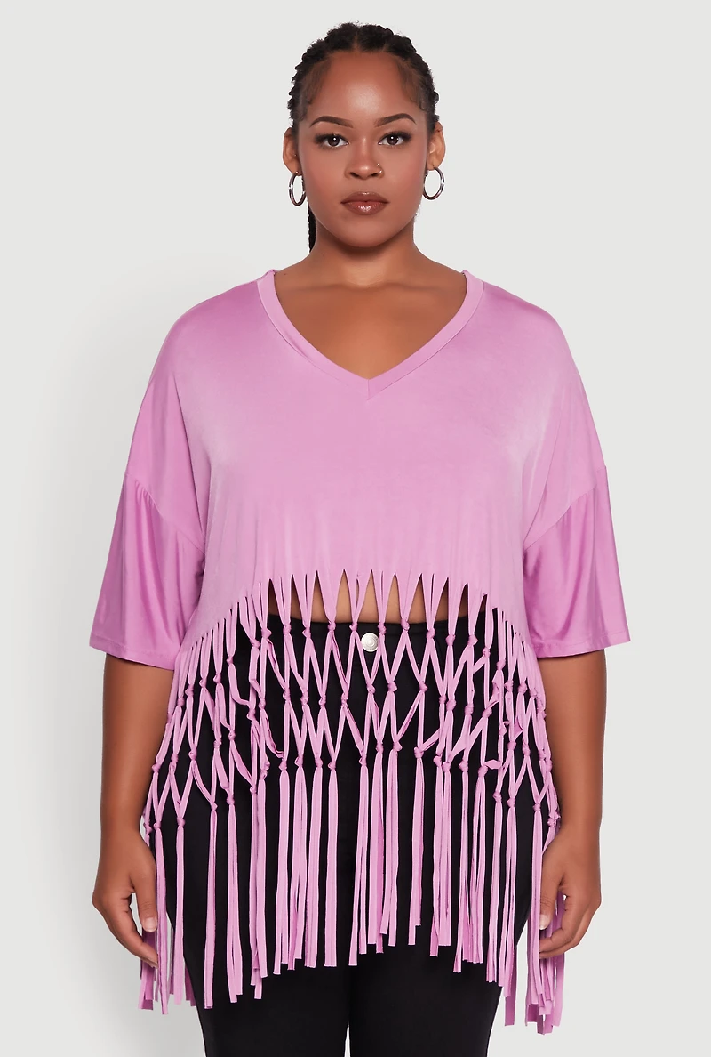 Womens Plus Macrame Fringe Tunic Top,