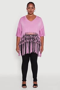 Womens Plus Size Macrame Fringe Tunic Top, Pink, Size 3X