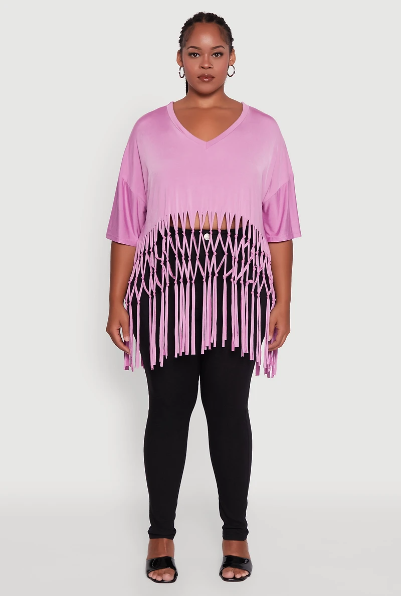 Womens Plus Macrame Fringe Tunic Top,