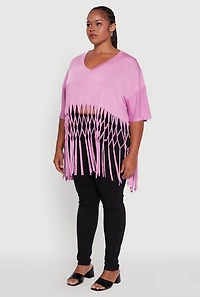 Womens Plus Size Macrame Fringe Tunic Top, Pink, Size 3X