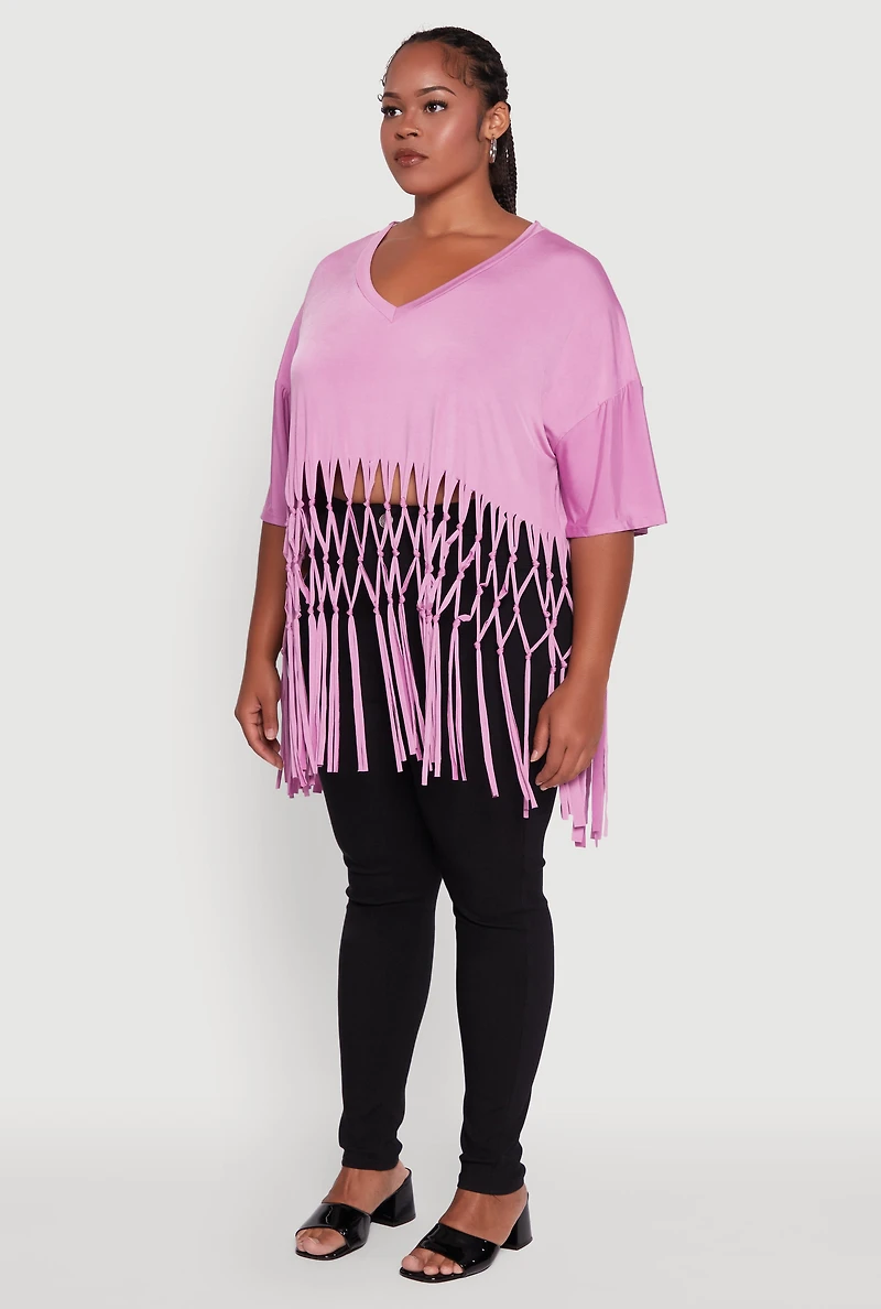 Womens Plus Macrame Fringe Tunic Top,