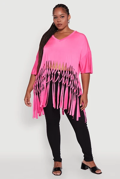 Womens Plus Macrame Fringe Tunic Top,