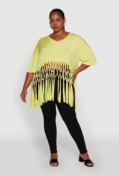 Womens Plus Macrame Fringe Tunic Top, Yellow,