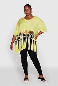 Womens Plus Macrame Fringe Tunic Top, Yellow,