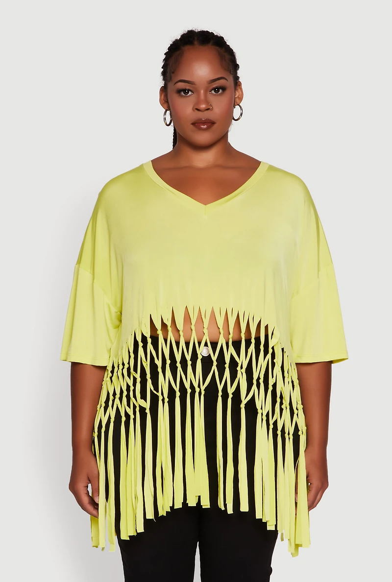 Womens Plus Macrame Fringe Tunic Top, Yellow,