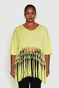 Womens Plus Macrame Fringe Tunic Top, Yellow,